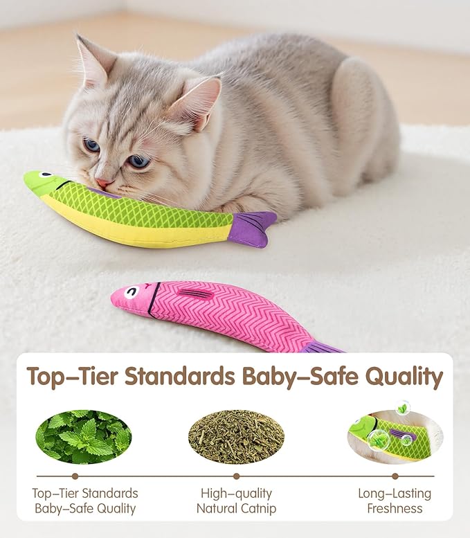 Cat Toys with[5000mg A+Natural Catnip &Silvervine] [Baby Grade] Interactive Soft Chew Kicker Cat Toys for Indoor Cats & Kittens, [Crinkle &Bell] Fish Sound Toy, Drives Bored Cat Crazy with Fun