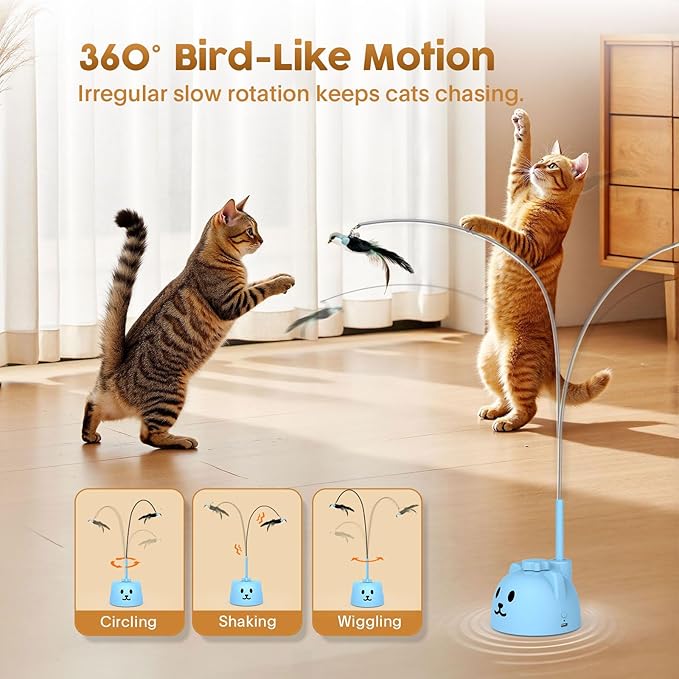 Interactive Cat Toys for Indoor Cats: Upgraded 360° Automatic Spin Flying Bird Feather Wand with Silicone Protected Rod Safe Play, Strong 8cm Suction Cup, USB-Rechargeable for Bored Kittens and Adult