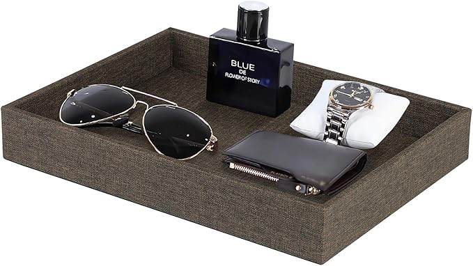 HofferRuffer Elegant Desktop Organizer Tray, Vanity Tray, Storage Jewelry Perfume Organizer, Dresse Catchall for Change Coin Key (Brown Black Faux Leather)