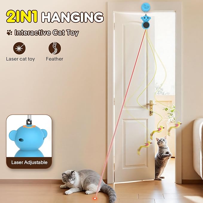 Interactive Cat Toys for Indoor Cats - 2 in 1 Automatic Laser Pointer Cat Toy with Feather Flying Bird，Smart Moving Mouse Wand Toy, Auto On/Off Hanging Toys for Bored Kitten & Adult Cats(Blue)