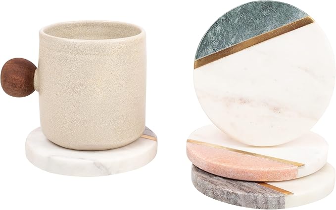 GoCraft Round Marble Coasters for Drinks - Handcrafted Modern Multicolor Pieces with Gold Brass Inlay for Beverages & Wine/Bar Glasses - Set of 4