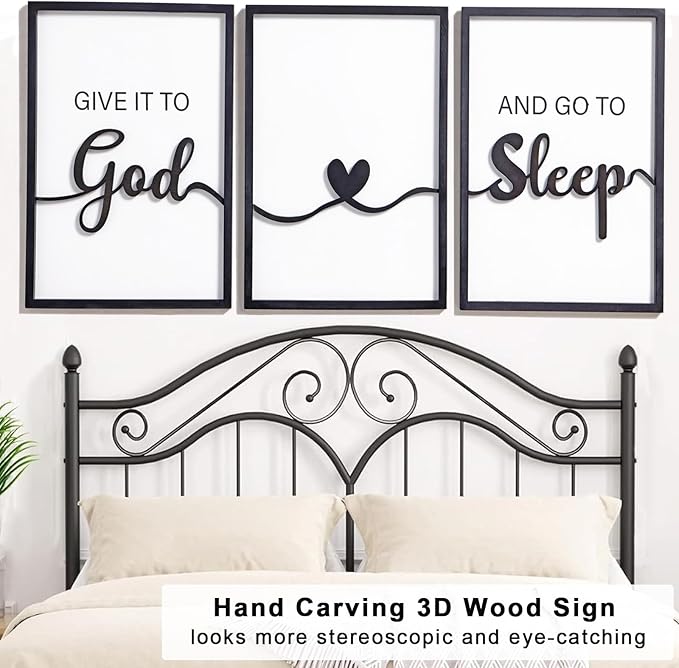 KIOSSUT 3D Wood Framed Black and White Wall Art, 3D Wood Signs Decor for Living Room Bedrom (Ready to Hang, 12 x 16 inches, Art Print) (Give it to God, 24"L x 16"W)