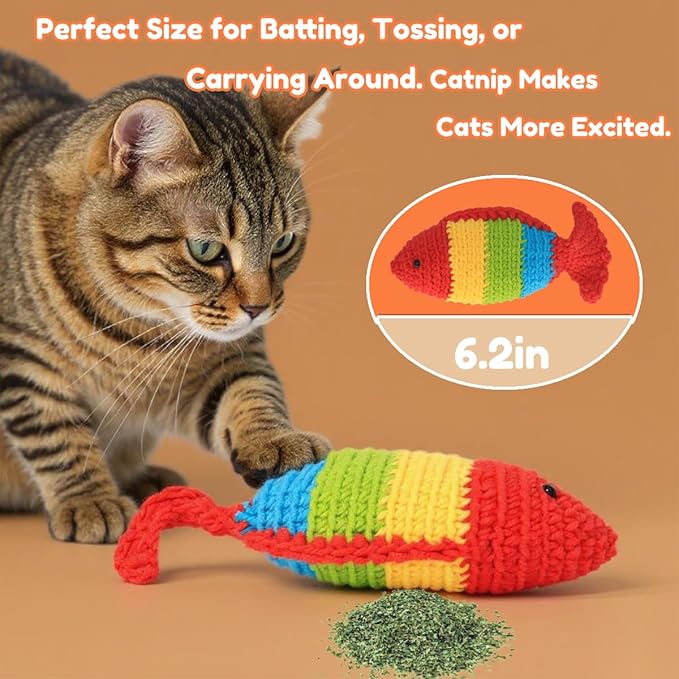 Cat Toys with Catnip & Bell Soft Natural Cat Nip Toys for Indoor Cats Hand Crocheted Interactive Kitten Fish Toys