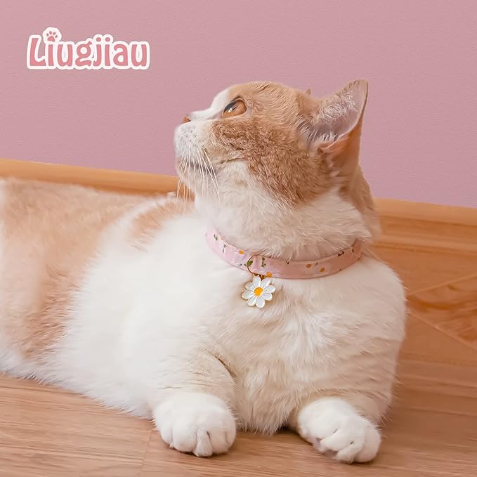 2 Pack Cotton Breakaway Cat Collar with Bell Pink&Purple Flowers Pendant Cute Kitten Cat Collar Suitable for Girls and Boys
