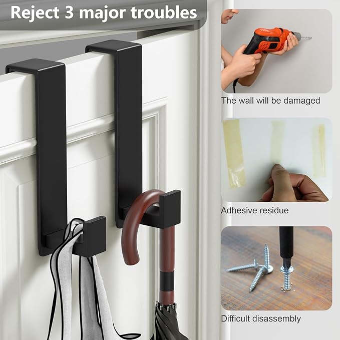 PMMASTO 2-Pack Over The Door Hooks - Rustproof Stainless Steel Door Hangers Fits for 1-3/4 Inch Thick Doors, Non-Marking and Tool-Free Easy Install (Black, L Shape)