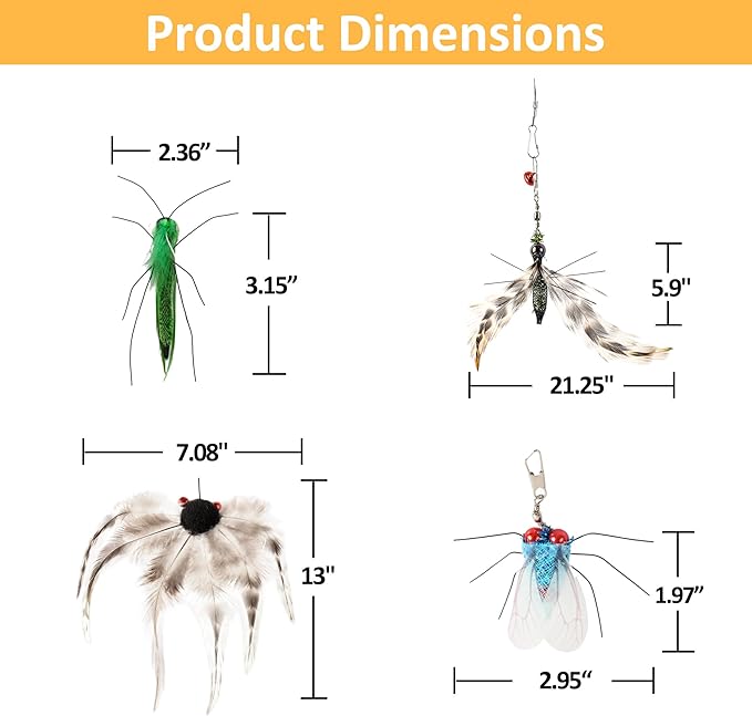 Interactive Cat Toy Bug Toys for Cats 4 Realistic Flying Bugs Cat Wand (4PC Insects Refills)