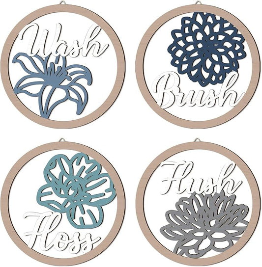 HPNIUB Farmhouse Bathroom Wall Decor, Blooming Floral Wall Art, 4 Pieces 10''x10'' Wash Brush Floss Flush Rustic Wood Plaque, Funny Bathroom Quote Wooden Sign for Home Spa Bathroom Laundry Washroom