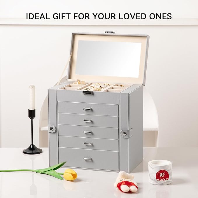 Frebeauty Large Jewelry Box,6-Tier PU Leather Jewelry Organizer,Multi-functional Storage Case with Mirror,Accessories Holder with 5 Drawers for Necklace Bracelets Watches(Grey)