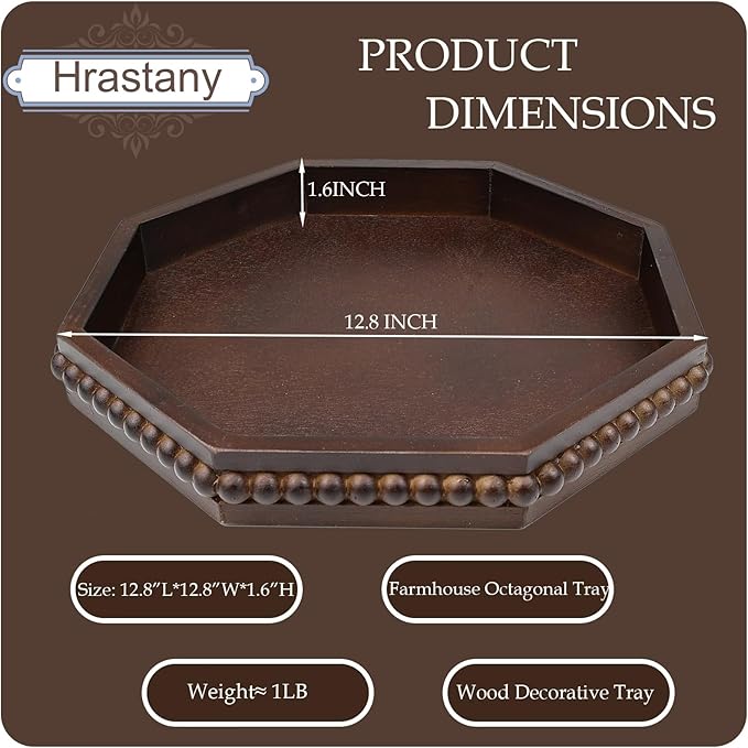 Retro Brown Octagonal Wood Decorative Tray, Small Farmhouse Wooden Serving Tray with Beads, Versatile Coffee Table Tray for Kitchen Counter, Ottoman, Living Room