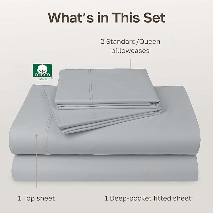 California Design Den - Luxury Full Size Sheet Set - 100% Cotton, 600 Thread Count Deep Pocket Full Size Bed Sheets, Hotel-Quality Cooling Sheets, Sateen Weave - Light Grey