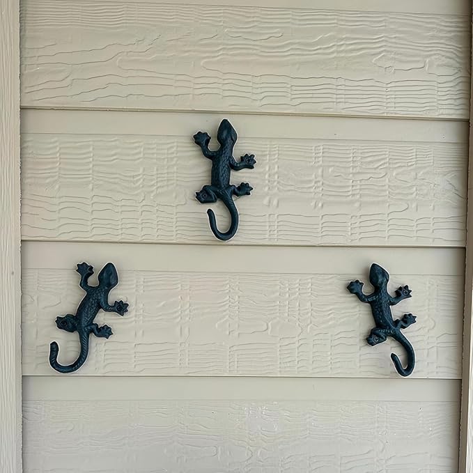 Outdoor Cast Iron Pool Towel Wall Hooks, Lovely Gecko Heavy-Duty Coat Hooks, Fun Lizard Pool Towel Holder for Outdoor and Indoor，Cool Gecko Key Holder and Wall Decor (3 Pcs)