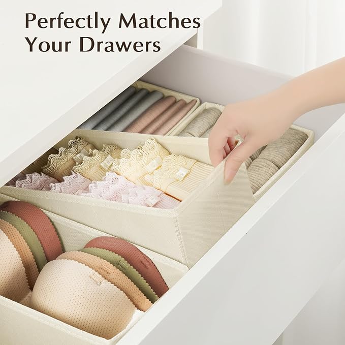 DIMJ Drawer Organizers - Set of 12 Fabric Closet Organizers and Storage, Drawer Dividers for Baby Clothes, Socks, Belt, Tie (Beige)
