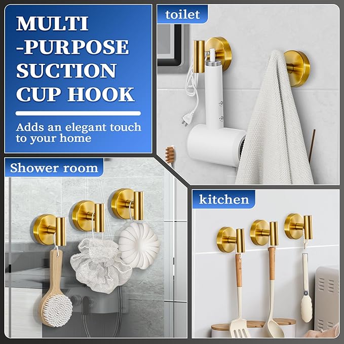 Heavy Duty Reusable Suction Cup Hooks for Shower - No Drill Bathroom/Glass/Mirror/Tiles & Metal Surfaces,and Smooth Non-Porous Surfaces for Towels, Robes, Loofahs (4, Brushed Gold)