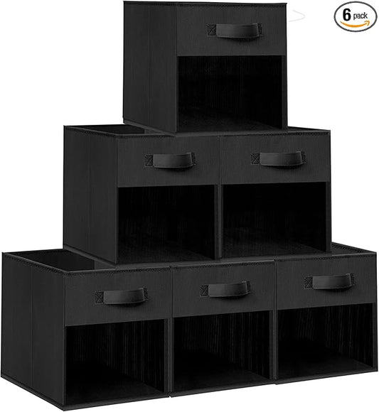Storage Bins with Clear Window, 13x13 Storage Cubes, Collapsible Cube Storage Box, Fabric Closet Organizers with Handles for Home, Office, Shelf, Closets, Living Room, Black, 6 Pack