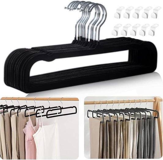 Velvet Hangers Non Slip - 20 Pack Pants Hangers for Closet - Thin Space Saving Clothes Hanger - Strong, Durable, Jean Perchas with 360 Degree Rotatable Hook for Tank Top (Black Silver Hook)