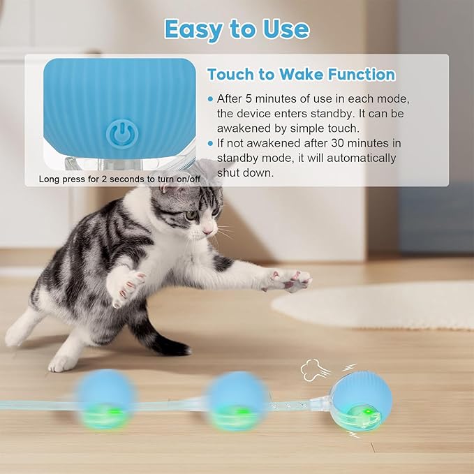 Interactive Cat Toys for Indoor Cats & Dogs, Agile Moving Cat Ball with Elastic Mesh Tail, Rechargeable Enrichment Toys, Smart Automatic Rolling Pet Ball Toys for Bored Indoor Dogs & Cats (Blue)