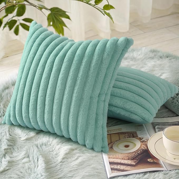 decorUhome Faux Fur Spring Throw Pillow Covers 18x18 Set of 2, Decorative Soft Plush Striped Neutral Couch Pillow Covers with Velvet Back for Sofa, Bed, Living Room Home, Aqua