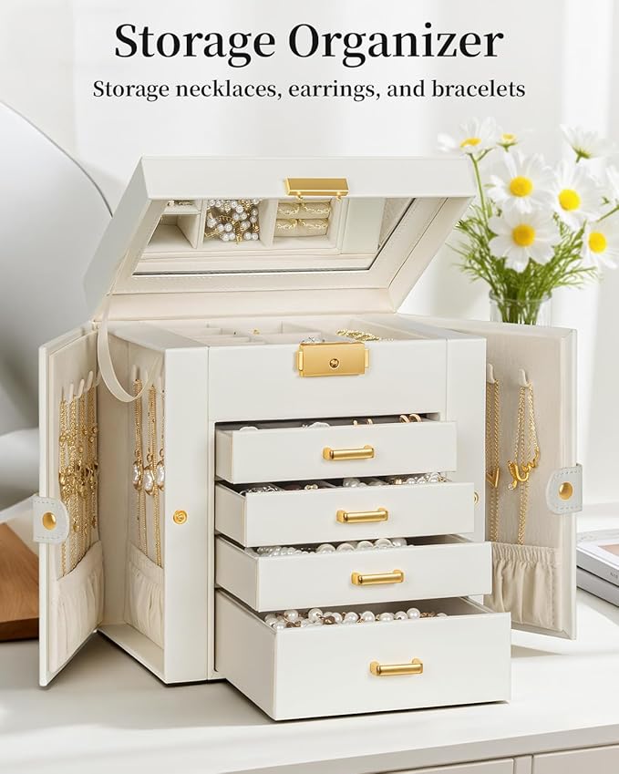 TORIBIO Jewelry Box for Women, Leather Jewelry Organizer with Mirror & Lock, 5-Tier Jewelry Storage Organizer with 4 Drawers for Girls/Women/Mothers, Necklace Earring Bracelets Holder Organizer