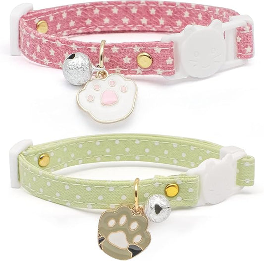 2 Pack Cotton Breakaway Cat Collar with Bell Pink & Green Paw Pendant Cute Kitten Cat Collar Suitable for Girls and Boys