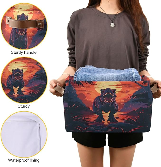 Large Storage Basket Dinosaur Storage Bin Cube Canvas Fabric Organizer Handles Collapsible for Clothes Toys Bedroom Decorative