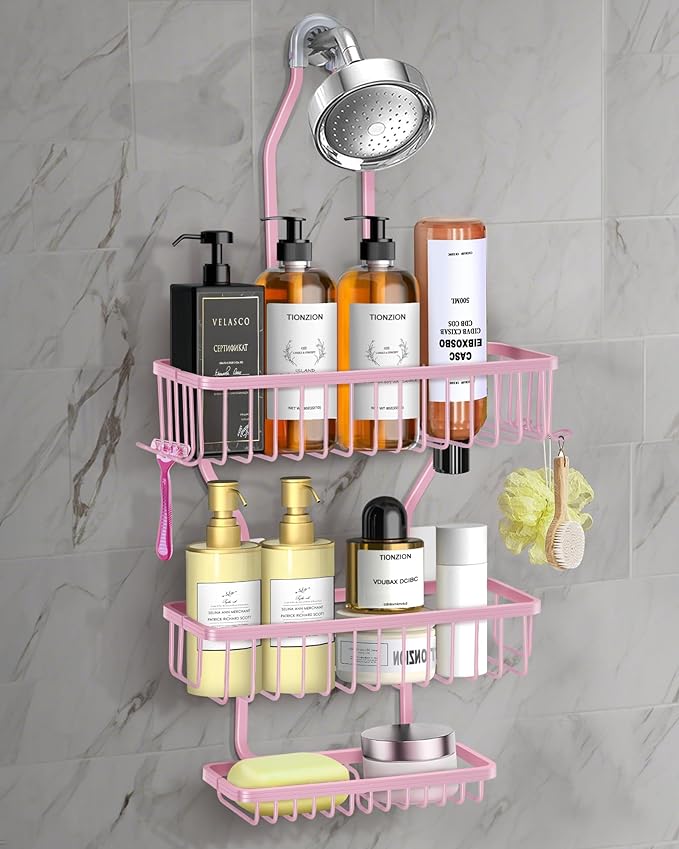Pink Shower Caddy for Bathroom - Never Rust Hanging Shower Organizer with Soap Basket and Hooks - Large Capacity 3 Tier Aluminum Over The Showerhead Caddy