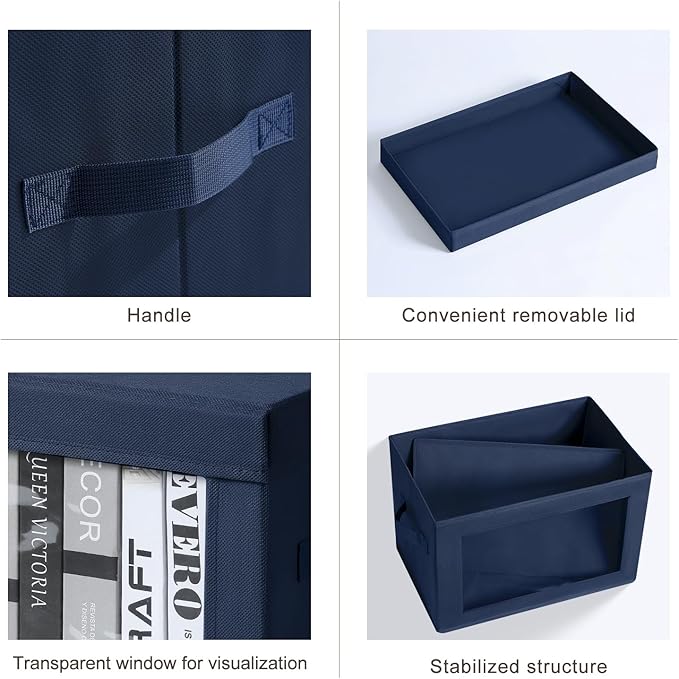 Organizing Bins with Lid - 4 Pack Foldable Clear Window Storage Bins, Large Storage Boxes with Handles, Storage Containers for Clothes, Towel, Blanket, Sheet, Navy Blue