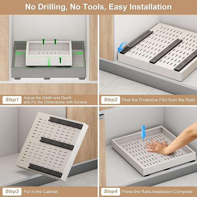 2Pc Pull out Cabinet Organizer,Width (11"-16"),Depth(17"-24") Expandable with 3 Rails,No Drill Roll out Drawers,Adhesive Sliding Drawers,Slide out Shelves for Cabinets Without Lip,Kitchen,Pantry,White