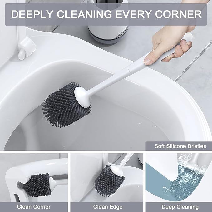 Lefree 2 Pack Silicone Toilet Bowl Brush and Holder Set with Ventilated Holder, Floor Standing & Wall Mounted Toilet Scrubber
