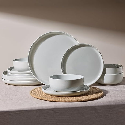 Famiware Milkyway Plates and Bowls Set, 12 Pieces Dinnerware Sets, Dishes Set for 4, Light Gray