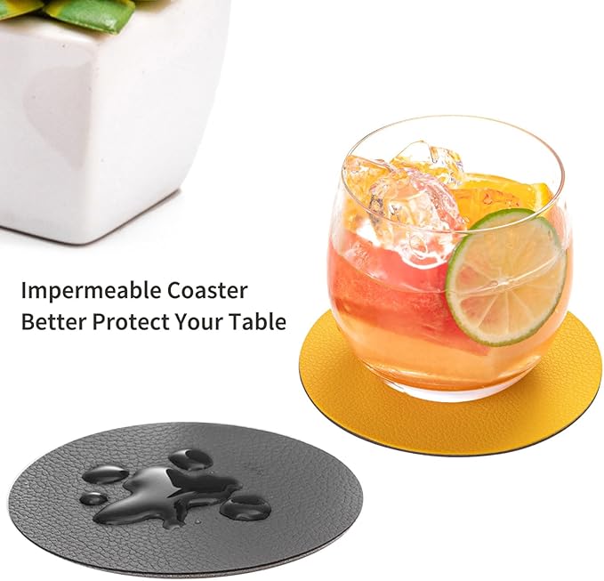 Drink Coasters with Holder, Faux Leather Coaster Sets of 12, Dual Sided for Coffee Cup Tabletop Protection Non-Slip Washable (Gray Yellow)