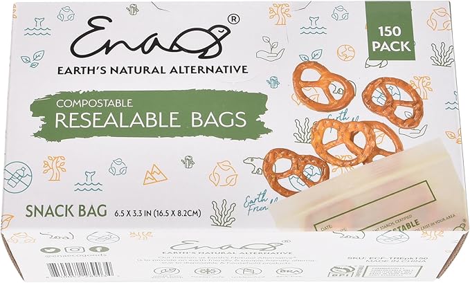 100% Compostable Food Storage Bags [Snack 150 Pack] Eco-Friendly Freezer Bags, Resealable Bags, Heavy-Duty, Reusable, Off-White by Earth's Natural Alternative