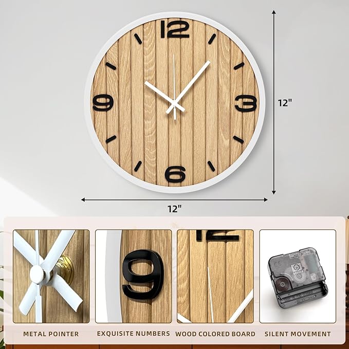 12 Inch Round Wall Clock Wooden - Battery Operated Silent Decorative Analog Clocks for Apartment, Bedroom, Kitchen, Entryway, Classroom - Fits Farmhouse/Modern Home Styles