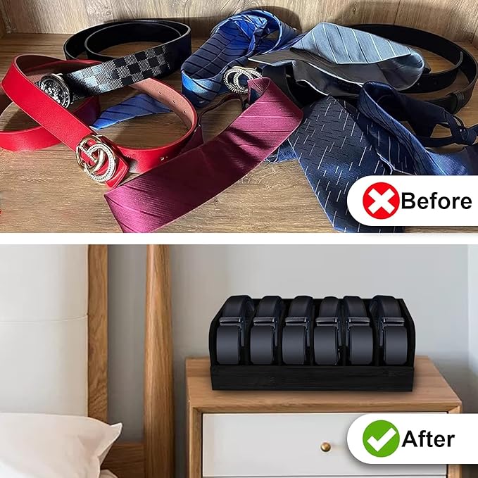 GTI Belt Organizer, 2pcs 6 Compartments Belt Organizer for Closet and Drawer, Bamboo Display Case for Tie and Belt, Belt holder Storage Organizer for Men Women (Black)