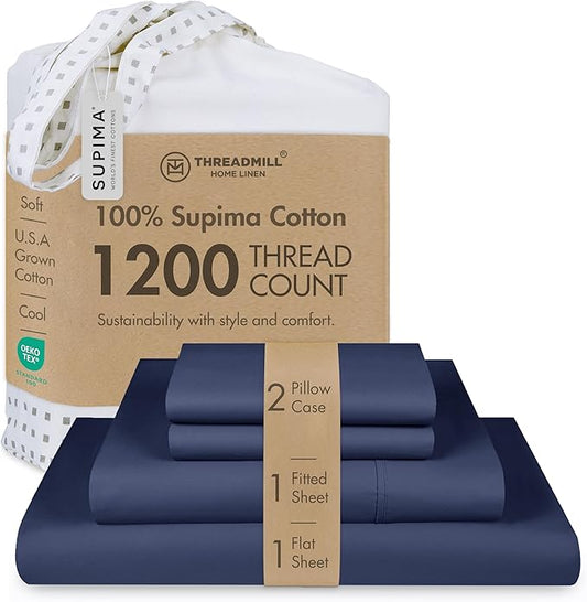 Threadmill American Supima King Size Cotton Sheets, 1200 Thread Count, 4 Piece Luxury Bed Sheets for King Mattress, 5 Star Hotel Quality Sheets with Elasticized Extra Deep Pocket, Folkstone Blue