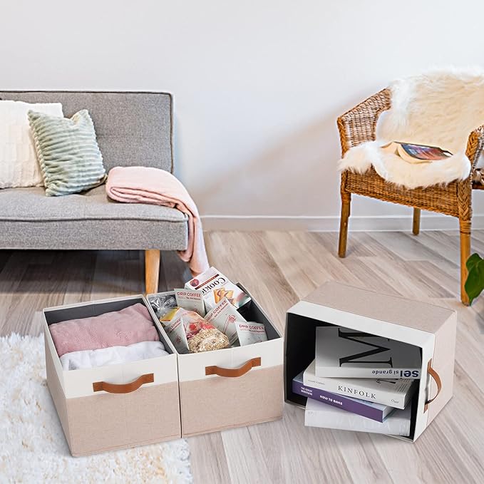 Large Fabric Storage Bins, Foldable Fabric Storage Baskets for Shelves, Sturdy Storage Boxes with PU Handles for Organizing Closet Home Bedroom Office (26L, 3 Packs, Pink&White)