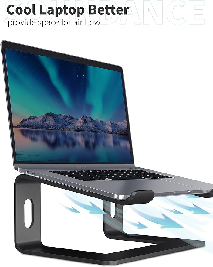 SOUNDANCE Laptop Stand, Aluminum Computer Riser, Ergonomic Laptops Elevator for Desk, Metal Holder Compatible with 10 to 15.6 Inches Notebook Computer, Black