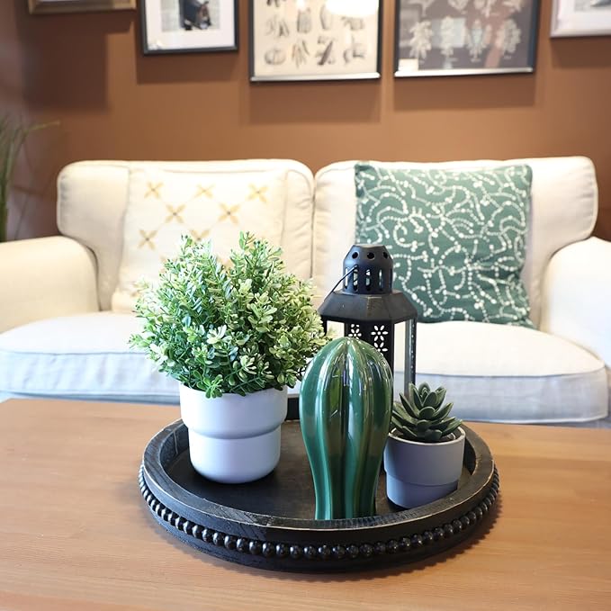 Round Wooden Serving Tray with Beads, Circle Vintage Black Wood Coffe Table Tray for Dining Room Table Centerpiece, Kitchen Counter