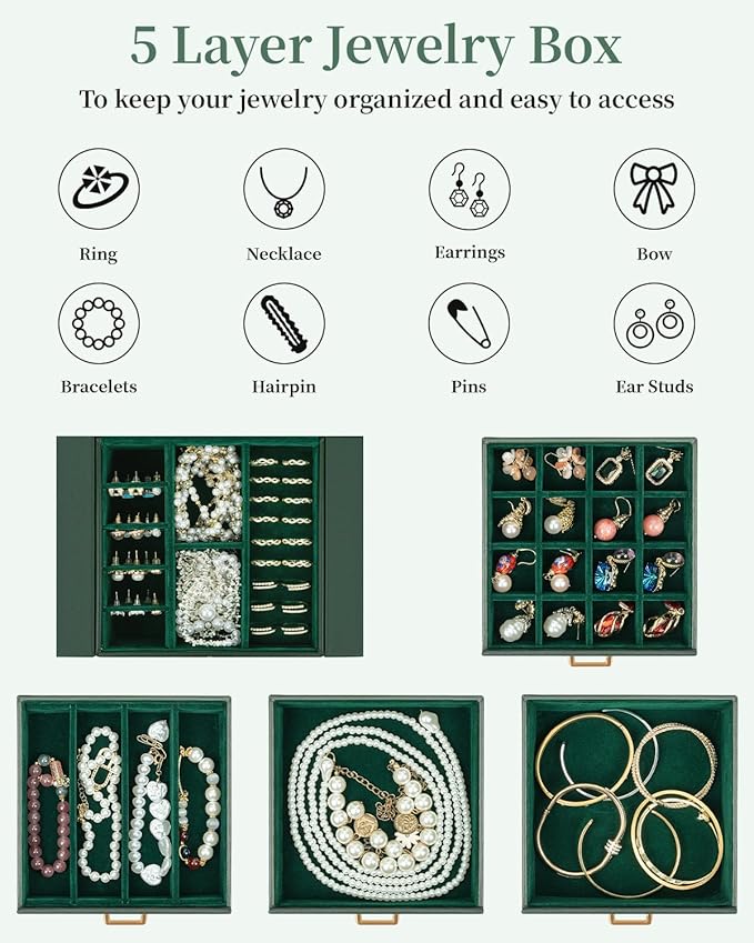 TORIBIO Jewelry Box for Women, Leather Jewelry Organizer with Mirror & Lock, 5-Tier Jewelry Storage Organizer with 4 Drawers for Girls/Women/Mothers, Necklace Earring Bracelets Holder Organizer