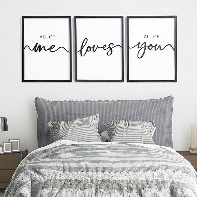 3D Wood All of Me Loves All of You Sign Bedroom Wall Decor 36x16”, Above Bed Wall Decor for Couple Bedroom Decor(12x16 inches, Set of 3, Framed)