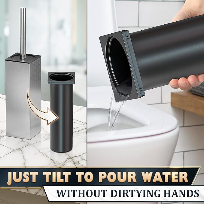 Silver Toilet Brush and Holder Set Stainless Steel – Square Design Toilet Bowl Brush and Holder, Rust, Corrosion & Scratch Resistant with Splash Protection, for Efficient Cleaning and Neat Storage