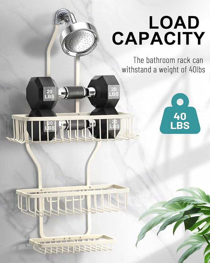 Shower Caddy Hanging - Never Rust Shower Hanging Organizer - Aluminum Over the ShowerHead Caddy with Soap Basket and 6 Hooks for Razor/Sponge (Milky White)