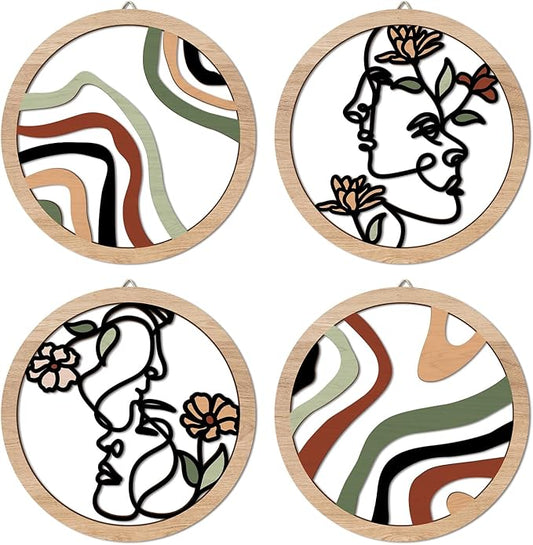 HPNIUB Boho Fashion Woman Wall Decor, Abstract Geometric Line Hanging Wooden Wall Art, 4 Pieces 10''x10'' Minimalist Aesthetic Female Women Face and Floral Wood Sign for Bedroom Living Room, Lady Gift