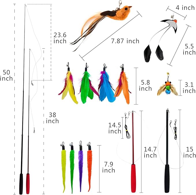 Interactive Cat Wand Toy Set – 2 Retractable Wands (38" & 50") with 11 Refills Attachments – Feather Toys, Plush Bird, Worms, Insect & Swallow – Cat Teaser Toys for Indoor Cats & Kittens
