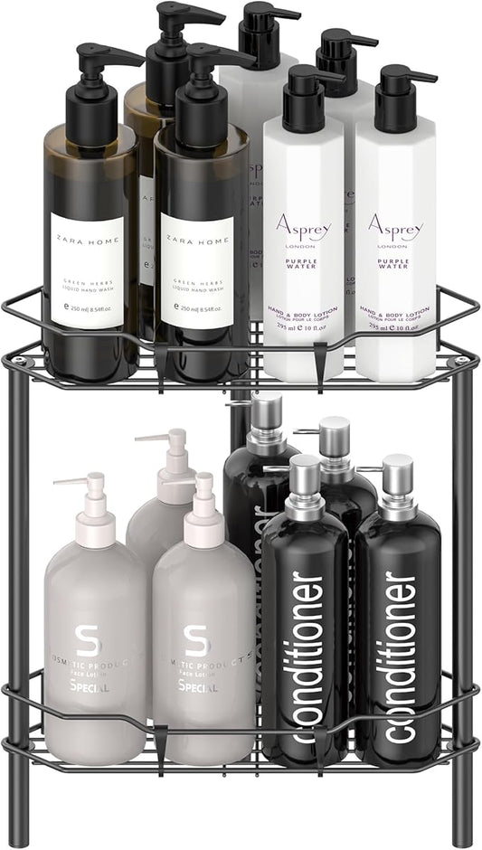 2 Tier Floor Standing Corner Shower Caddy Organizer Shelf with Hooks, Bathroom Shelves Stand Rack, Matt Black