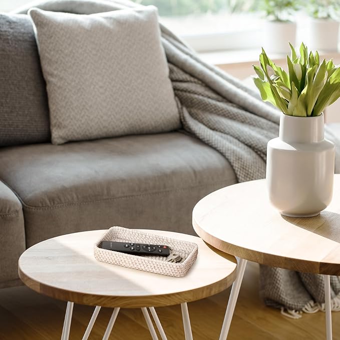 Hipiwe Rattan Key Tray Handwoven Wicker Baskets for Entryway Table Vanity Decorative Serving Tray for Candy Rectangular Fruit Basket, Whitewash