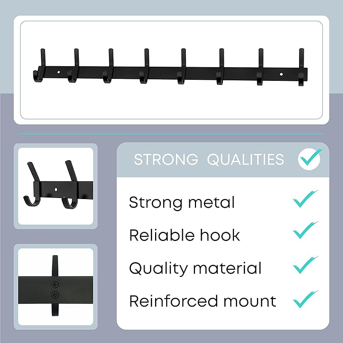 Matte Black Coat Rack Wall Mount – 24 Inch Stainless Steel Hook Rail with 8 Double Coat Hooks – Wall Mounted Entryway Organizer for Coats, Hats, Bags, Towels, Robes, Closet or Bathroom - 2 Pack