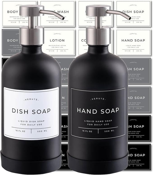 16oz Glass Soap Dispenser with Stainless Steel Pump, 21 Waterproof Labels, Non-Slip Protective Silicone Pad, Set of 2 for Bathroom & Kitchen (Matte Black Bottle/Brushed Silver Pump)