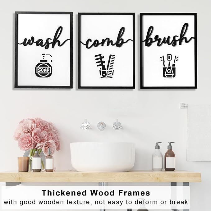 3D Wood Funny Bathroom Wall Art, Framed Black and White Bathroom Pictures Wall Decor, Cute Toilet Pictures for Bathroom Signs Decor(Ready to Hang, 12x16 inches, Set of 3, Framed)