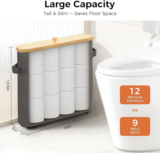 MinBoo Toilet Paper Basket, Storage with Lid, Toilet Paper Organizer for Bathroom, Free Standing Toilet Paper Holder with Storage,Gray