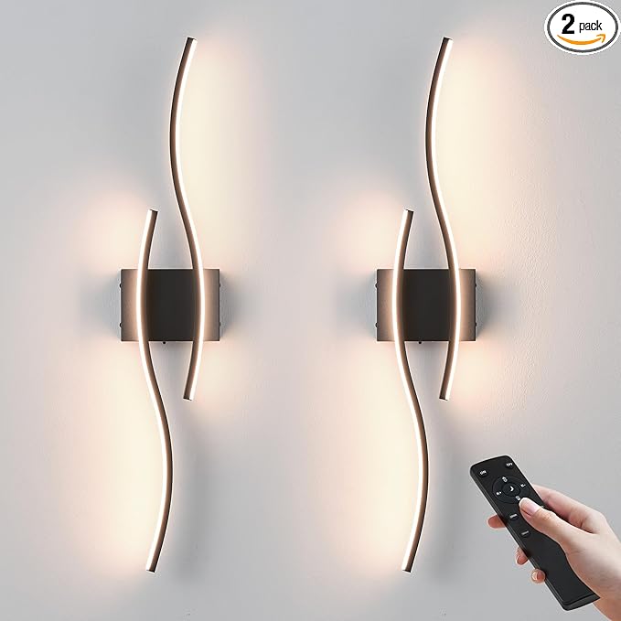 Battery Operated Wall Sconces Set of Two with Remote Control, Dimmable/3 Color/Night-Light/Timer/Memory, Black Modern Wireless LED Sconce for Living Room, Hallway, Bedroom, 31.4 Inch (2 Pack)